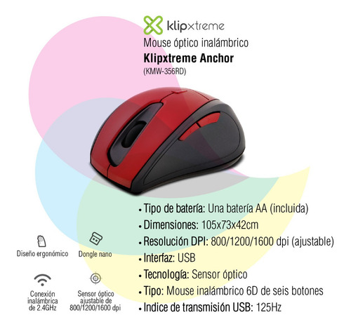 Imagen 2 de 6 de Mouse Inalámbrico Klipxtreme Anchor Óptico Ergonómico Rojo
