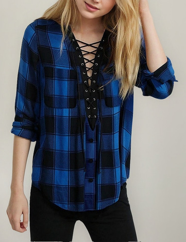 Blusa De Mujer Manga Larga A Cuadros Con Cuello En V Suelta