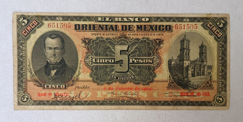 Billete 5 Pesos Banco Oriental De Mexico Buen Estado (Usado)