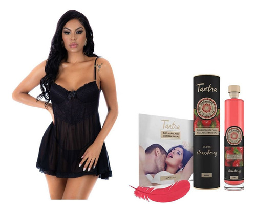  Kit Óleo Massagem Tantra Morango Manual Pena E Camisola