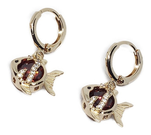 Aretes Pez Zirconias Naranja De Oro Laminado+huggies U36