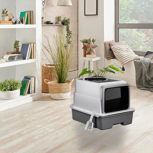Inodoro Cerrado Para Gatos Con Capucha, Caja De Arena Gris