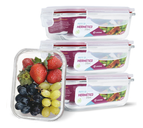 Conjunto 4 Potes Vidro Herméticos Tampa Plástico 370ml Cor Vermelho U4home