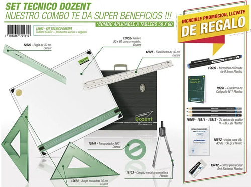 Tablero Dibujo 50 X 60 Dozent 12662 + 6 Utiles + 7 Regalos