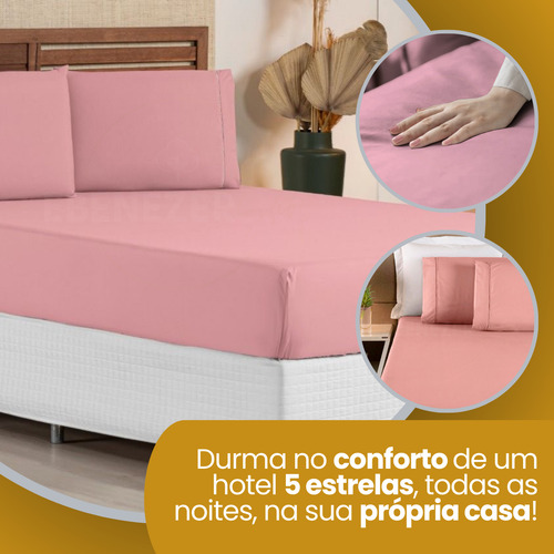 Lençol King Padrão C/ Elástico 3 Peças Fronha Ponto Palito 400 Fios Premium Toque Macio Cor Rose