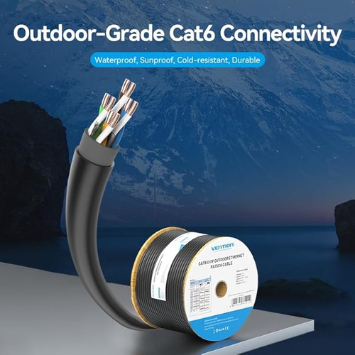 Cable De Red Vention Cat 6 - 305 Metros - Para Exterior Bobina Premium - Utp Rj45 Ethernet 1000 Mbps - Servidor - Camaras Seguridad - Doble vaina Resistente Al Agua Y Al Sol - Negro - Ihlb305