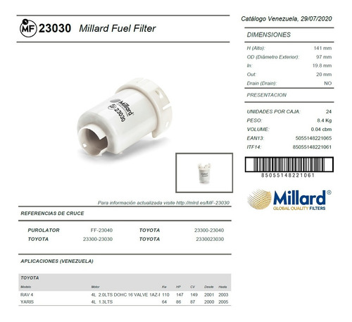 Filtro Gasolina Millard Mf23030 Toyota Yaris Rav 4 23300-23