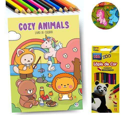 Livro Cozy Animals Para Colorir Bem-estar E Criatividade + 12 Lápis De Cor
