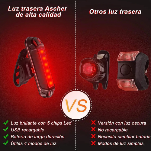 Luz Bicicleta Led 4 En 1 Lámpara De Luces Recargable Kit