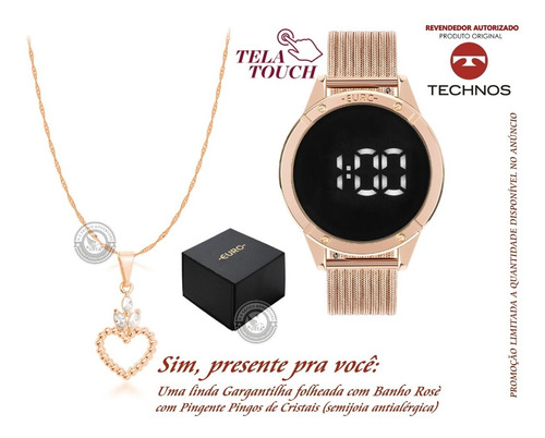Relógio Feminino Digital Led Euro Touch Original + Colar