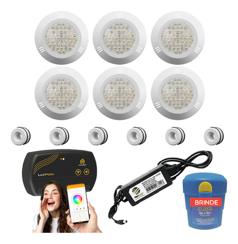 Kit Iluminação Piscina 50mm 120m² 6 Led 9w, Smart Lux, Fonte