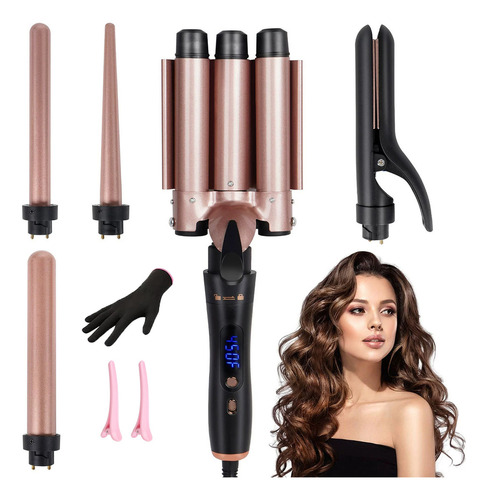 Tenazas Rizadora Con Planchas Cabello Pelo Ajustable Ferros 5 En 1 Con Guantes