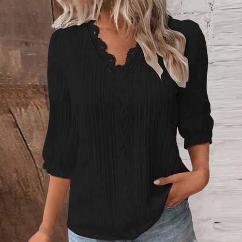 Camiseta Casual Feminina De Manga Comprida Com Decote Em V E