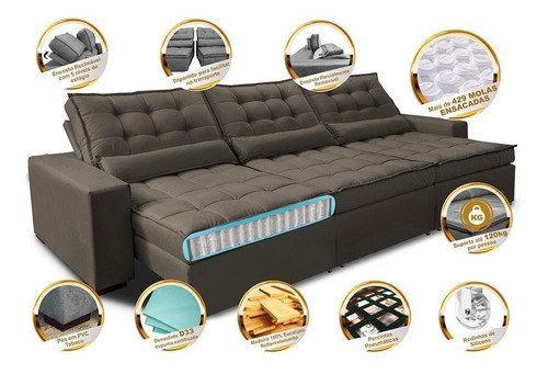 Sofá Retrátil e Reclinável 3,82m com Molas Ensacadas Cama Inbox Gold Tecido Suede Velusoft Café