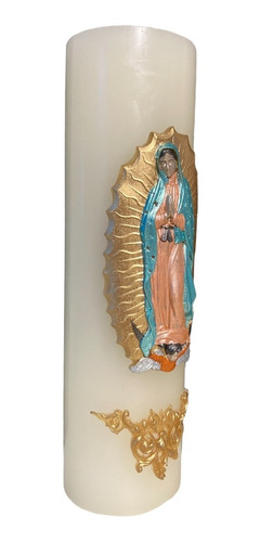 Cirio Artesanal, Virgen De Guadalupe. En Relieve. 5.7x20cm. Marfil