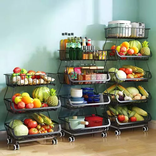  Carrito de almacenamiento de frutas y verduras, cesta de  almacenamiento de alambre con ruedas, cesta de almacenamiento rodante para  cocina, despensa, baño, sala de estar (6 niveles con mesa) : Hogar