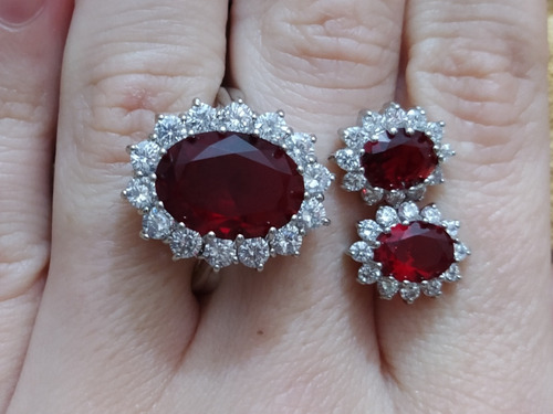 Conjunto Anel E Brinco Cristais Lady Dai Vermelho Zirconia