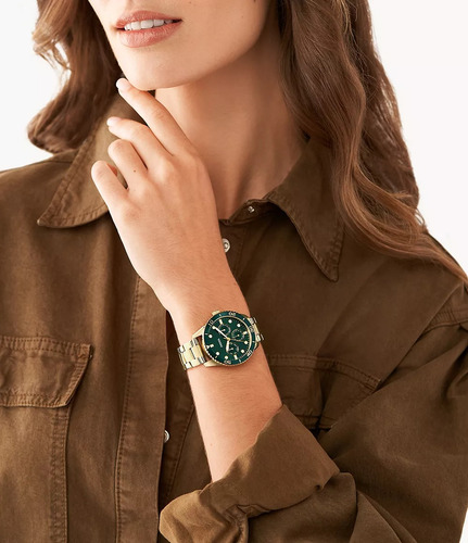 Reloj Parejas Fossil Bq2754set Correa Dorado Bisel Verde Musgo Fondo Verde Musgo