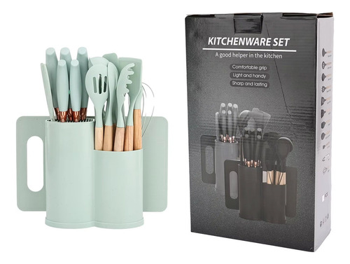 Set Kit Utensilios De Cocina Silicona Y Cuchillos 19 Piezas Verde Claro