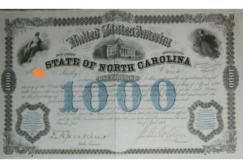 Bono U. S. A. - State Of North Carolina, 6%, $1,000, 1869