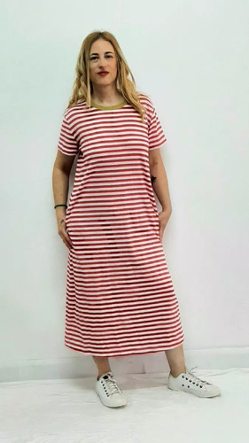 Maxi Vestido Rayas Rojo Blanco Bolsillos Al Tobillo S Y M