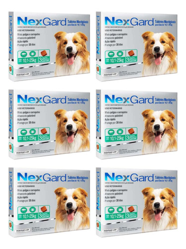 06 Cxs Nexgard Antipulgas Carrapatos Cão 10 A 25kg Com 3