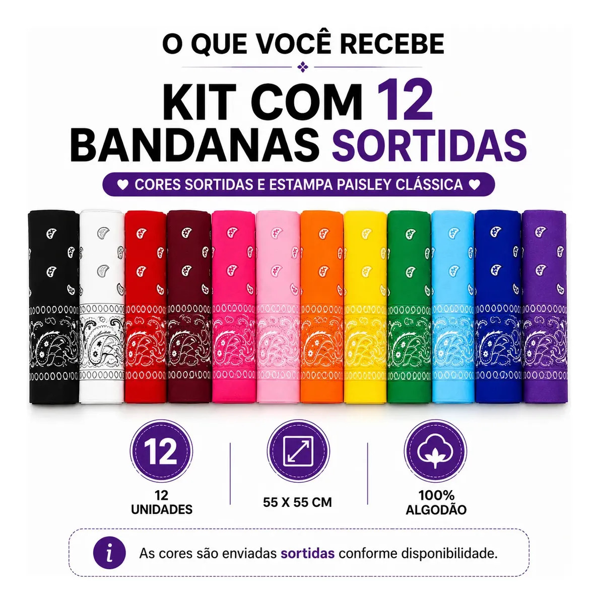 Kit 12 Bandanas Lenço Quadrado 55x55 Estampado Unissex Cores Sortidas ou Cor Única Acessório Cabelo Cabeça Pescoço Pulso Festa Atacado