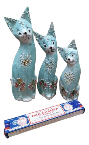 Gatos En Madera D India Tallados Pindados Set X 3 Importados