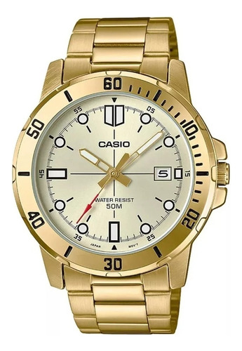 Reloj pulsera Casio MTP-VD01 con correa de acero inoxidable color dorado - fondo beige