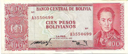 Bolivia 100 Pesos Bolivianos 1962 Pick 163a Usado