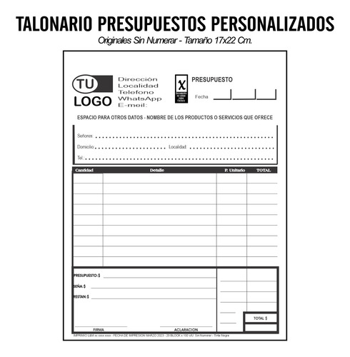 50 Talonarios Presupuesto - Nota Pedido - Comprobante 17x22