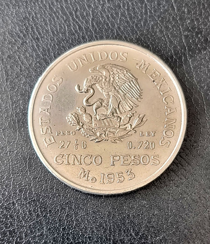 Moneda Plata 5 Pesos Ley 0.720 Miguel Hidalgo 1953