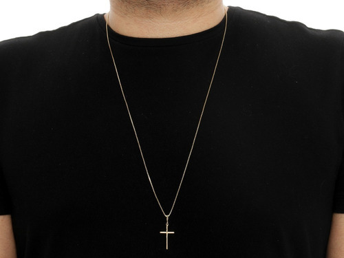 Corrente Fina 70cm Folheada A Ouro Masculina Pingente Cruz Cor Dourado