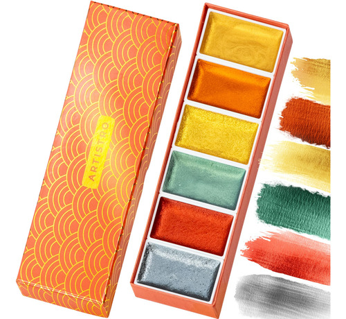 Juego De Pintura Acuarela Metálica Profesional 6 Colores Metálico