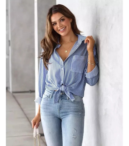 Camisa Holgada De Manga Larga A Rayas Para Mujer