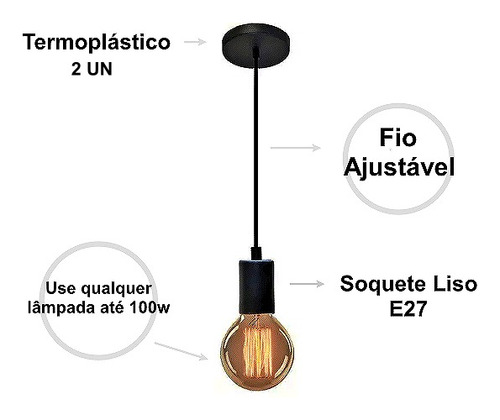 Kit 2 Fios Pendente 2m Soquete Liso E27 Cabo Pp Preto