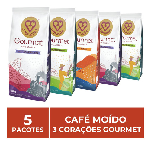 5 Pacotes De 250g, Café Moído, Três Corações Gourmet.