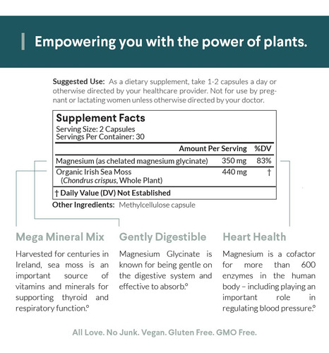 Magnesium + Irish Sea Moss, Magnesium Glycinate 350 Mg, Orga