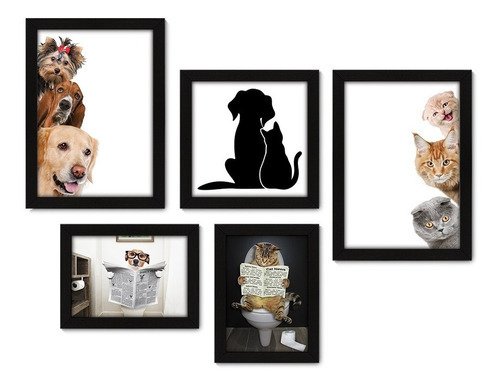 Kit Com 5 Quadros Decorativos - Pet Shop Cachorro Gato Sala Cor Moldura Preta
