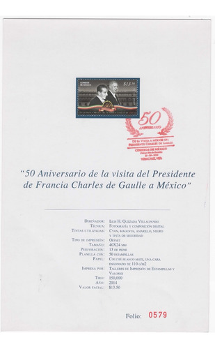 Visita  Francia De Gaulle  México 50 Años 2014 Sobre 1er Dia