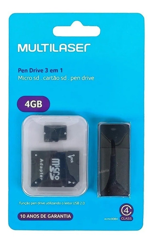 Imagem 1 de 2 de Cartão De Memória 4gb Pen Drive Micro Sd Multilaser 3x1