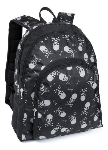 Mochila Escolar Com Bolsos Mo4118 Preta Estampa Caveiras