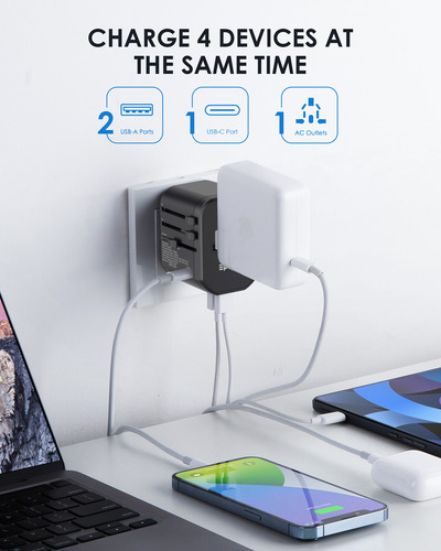 Adaptador de viaje universal Epicka negro, con 2 puertos USB-A y 1 USB-C, compatible con enchufes de EE. UU., UE, Reino Unido y Australia.