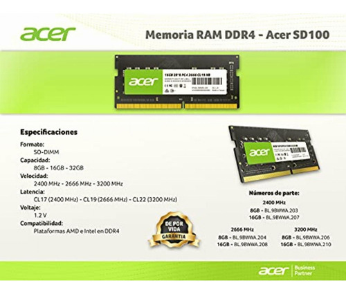 Acer Memoria Ram Ddr4 Módulo De 8gb 2666mhz Cl19 Sodimm