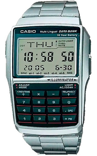 Reloj de pulsera Casio Data Bank DBC-32 de cuerpo color plateado, digital, para hombre, fondo azul, con correa de acero inoxidable color plateado, dial negro, minutero/segundero negro, luz ámbar y desplegable