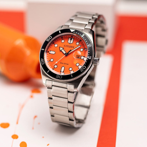 Citizen Sport Casual Orange Weekender Aw1760-81x Correa Plata Bisel Plata Fondo Naranja