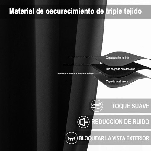 NANWEI Cortinas Blackout con bolsillo para varilla para recamara sala Premium 270X215cm 2 Paneles Aislamiento térmico y Reducción de ruido Tela impermeable Negro