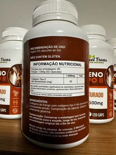 Colágeno Tipo 2 100% Puro Não Desnaturado 120 Cápsulas 500mg Sem Sabor