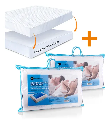 Combo Protector de Colchón King Acolchado + 2 Almohadas Ortopédicas con Gel Refrescante y Memoria Energy Plus