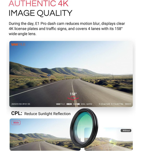 Vantrue E1 Pro 4k Mini Dash Cam Front, Starvis 2 Platepix...